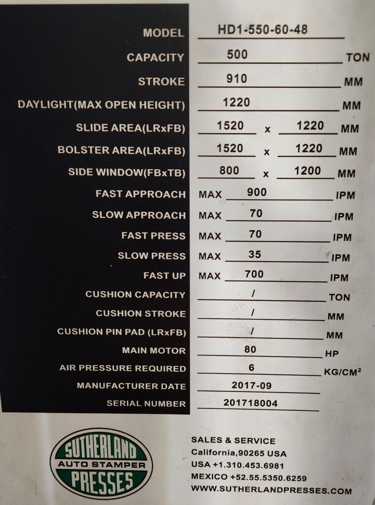 SUTHERLAND 550 Ton Straight Side Gibb Guide Hydraulic Press Information Tag